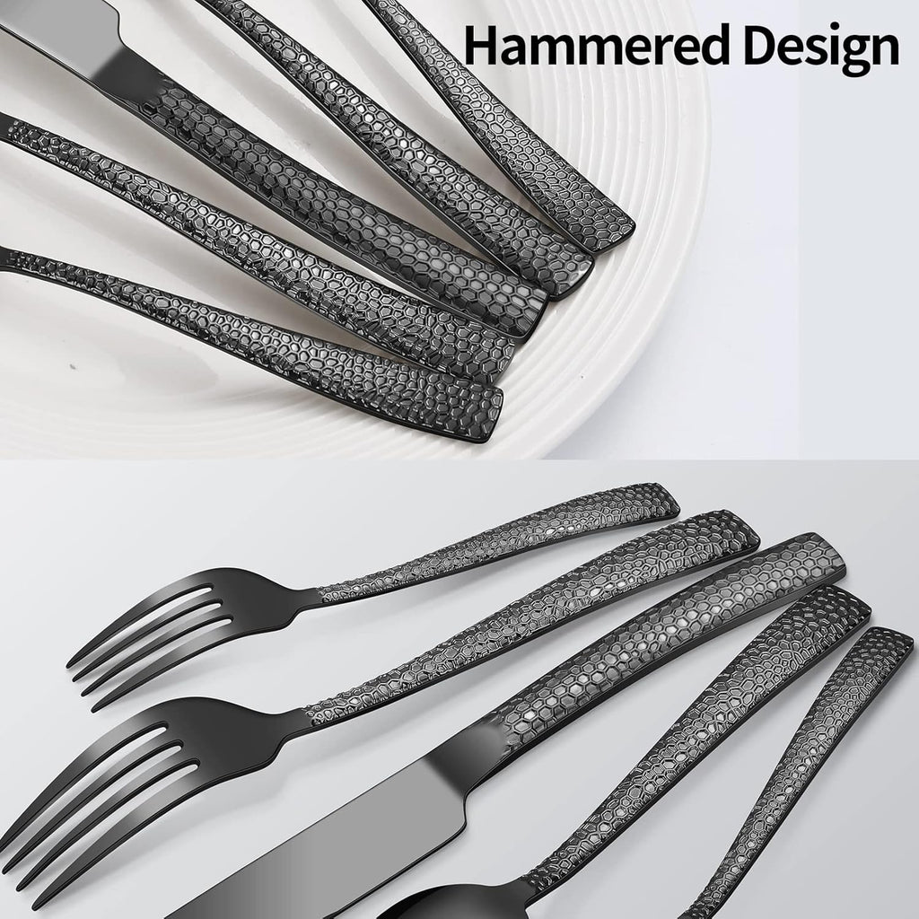 20-Piece Silverware Set, Black Hammered Stainless Steel Flatware for 4, Food-Grade Tableware, Including Fork, Knife