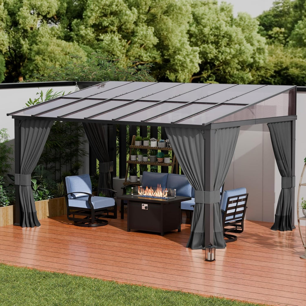 10'x 14' Outdoor Hardtop Pergola,Wall Mounted Lean to Gazebo with Curtains and Netting,Galvanized Metal