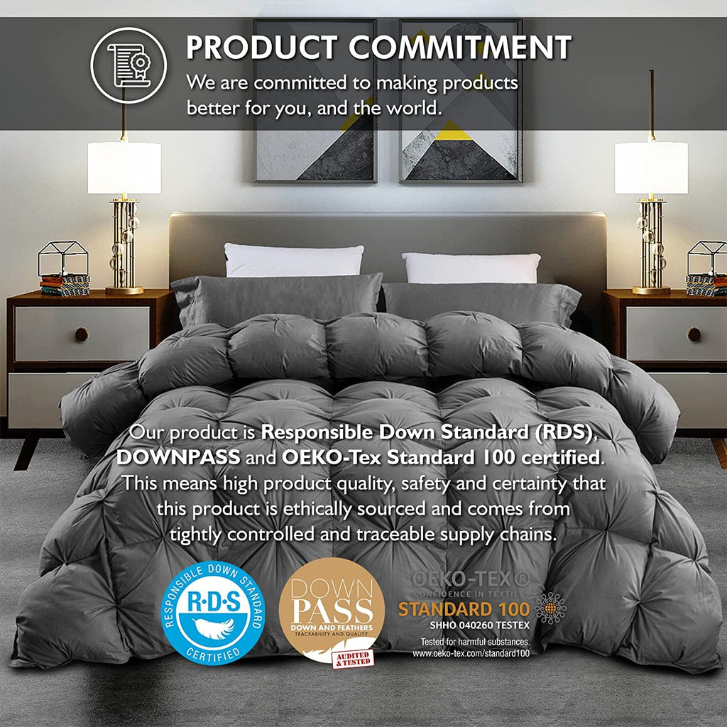 Luxurious Palatial /Super Goose Down Comforter, 120 X 90 inches, Unique Gray Pinch Pleat, 600 Thread Count