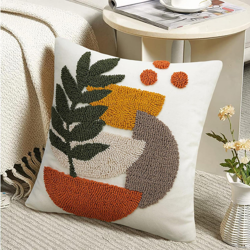 Boho Decorative Throw Pillow Covers Abstract Tufted Mid Century Modern Throw Pillows Green Leaf Sun Aesthetic