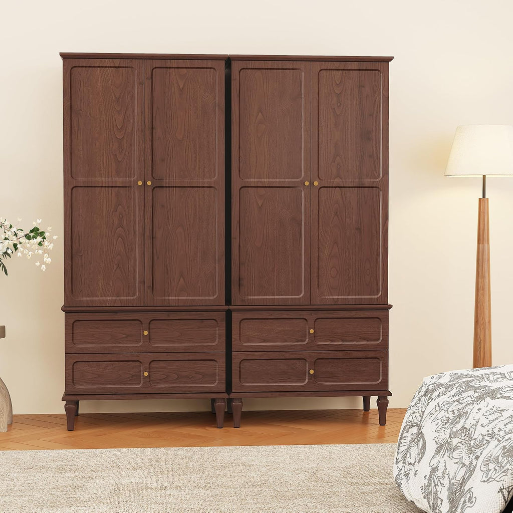 71" Mid-Century Modern Armoire Wardrobe Closet with Doors and Drawers,Wooden Armoire Storage Cabinet with Hanging Rod