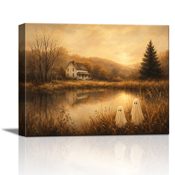 Halloween Canvas Wall Art, Ghost Rustic Farmhouse Landscape Canvas Prints
