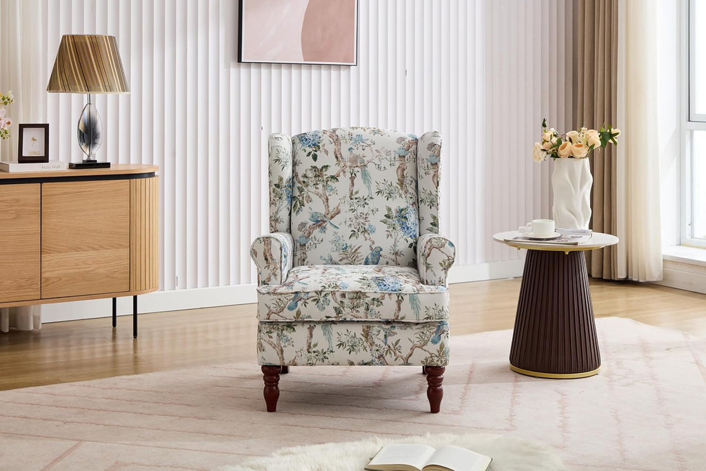 Modern Floral Accent Chair Retro Wood Legs, Linen Wingback Seat Bedroom Office, Bird Floral Single Sofa Chair with