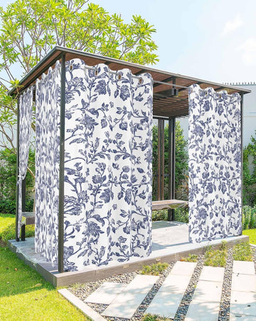 Outdoor Curtains Waterproof, Vintage Blue Floral Farmhouse Flower Pastoral Style Grommet Weatherproof Privacy