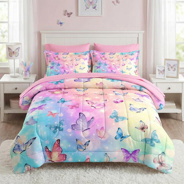 Comforter Set, Pink Blue Butterfly 5 Pcs Bedding for Kids and Adults, Colorful Rainbow Bed Sheet Sets