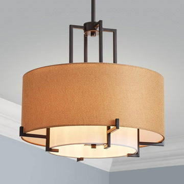 Modern Chandelier Drum Chandelier Light Fixure, Pendant Light for Dining Room with 4-Light, Brown Fabric Lampshade & Matte Black Metal Frame