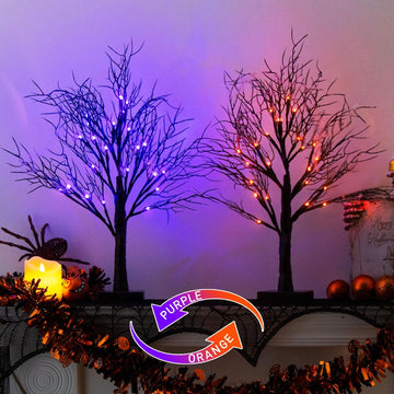Halloween Tree, Black Tree with Orange Purple Bi-Color Led Lights 6 Functions, USB & Battery Operated Lighted - Set of 2