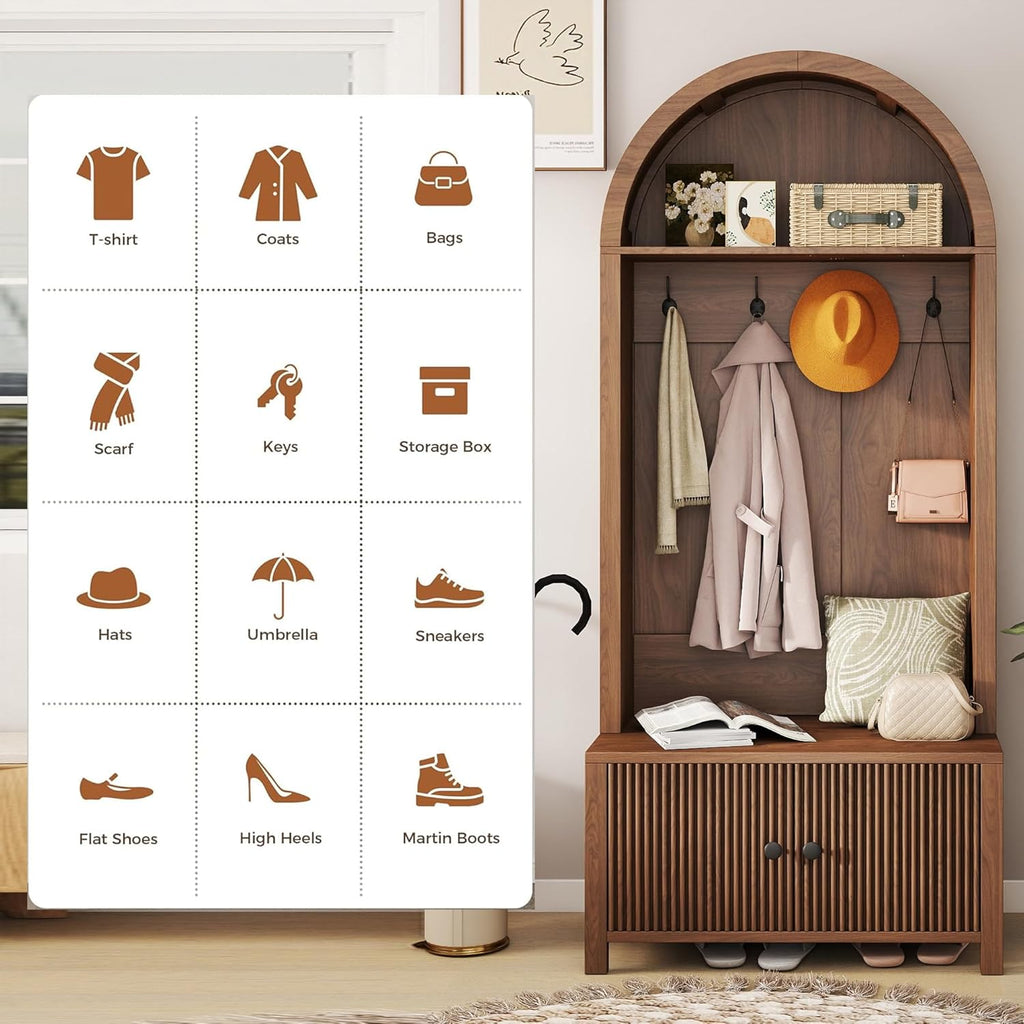 Hall Tree with Bench and Shoe Storage, Entryway Storage Bench with Coat Rack, 70.08" Tall Mudroom Rack with 4 Double