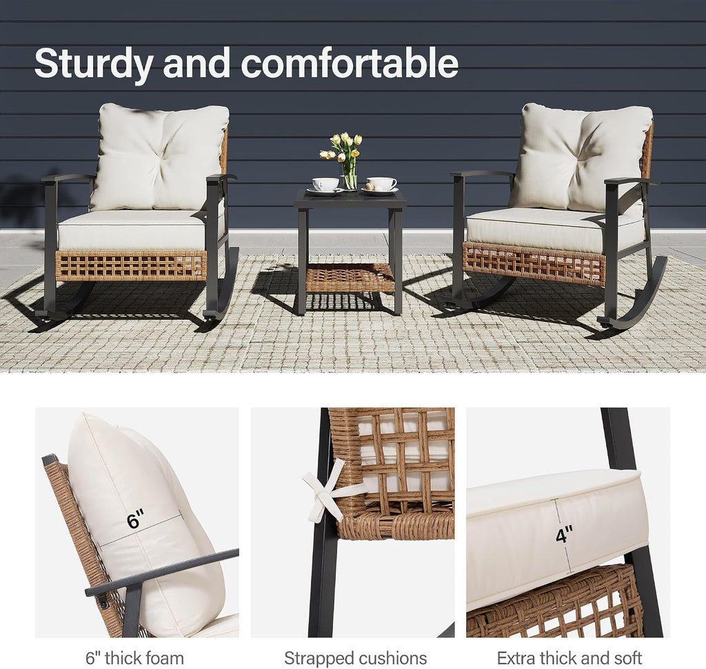 3 Piece Rocking Patio Bistro Set, Outdoor Bistro Sets Wicker Patio Furniture Rocking Chairs Sectional Couch and