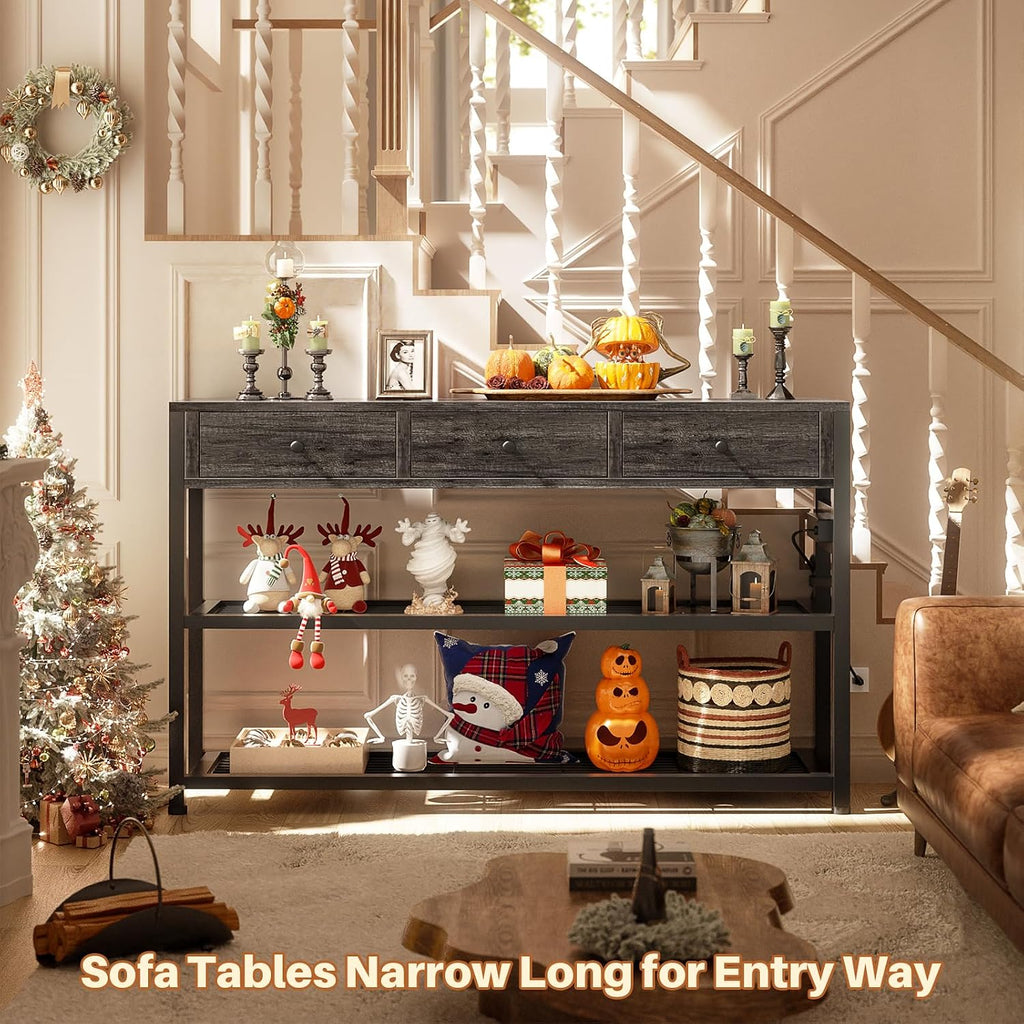 47'' Entryway Table with Outlets and USB Ports, Console Table with 3 Drawers, Sofa Table Narrow Long with Storage