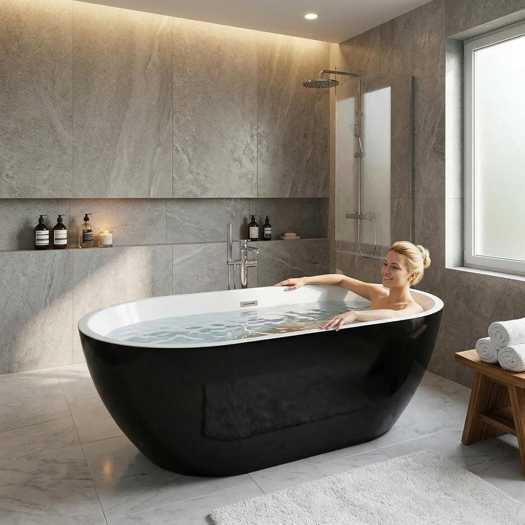 59 Inch Acrylic Freestanding Bathtub, Deep Soaking Tub with White Interior Black Exterior, Oval Stand Alone Acrylic