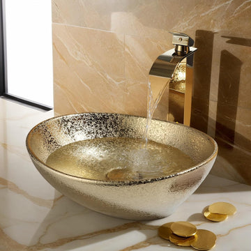 16" Gold Bathroom Sink Ceramic Vessel Sinks for Bathrooms Above Counter Bathroom Sink Oval Vessel Sink with Faucet