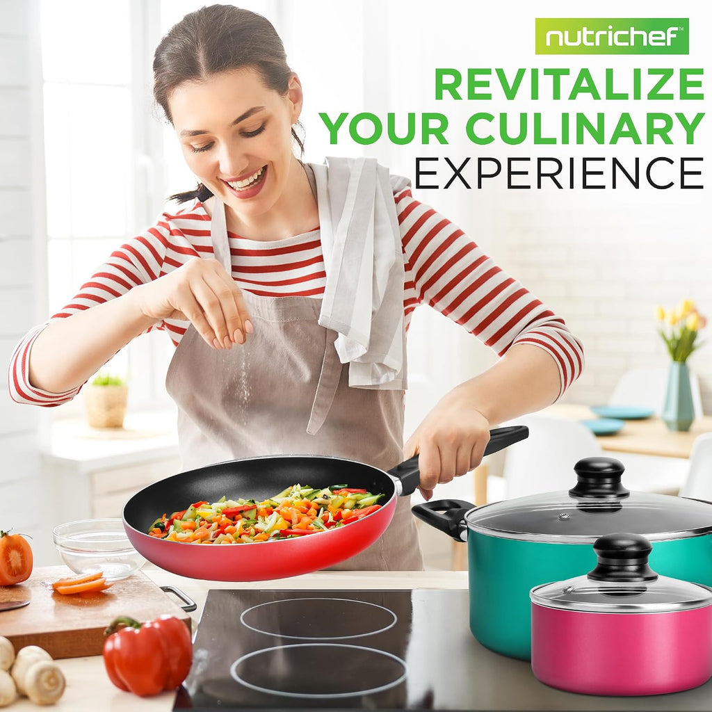 15-Piece Non Stick Kitchen Cookware Set PFOA/PFOS-Free, Colorful Heat Resistant Lacquer w/Saucepot, Frying Pans, Oven