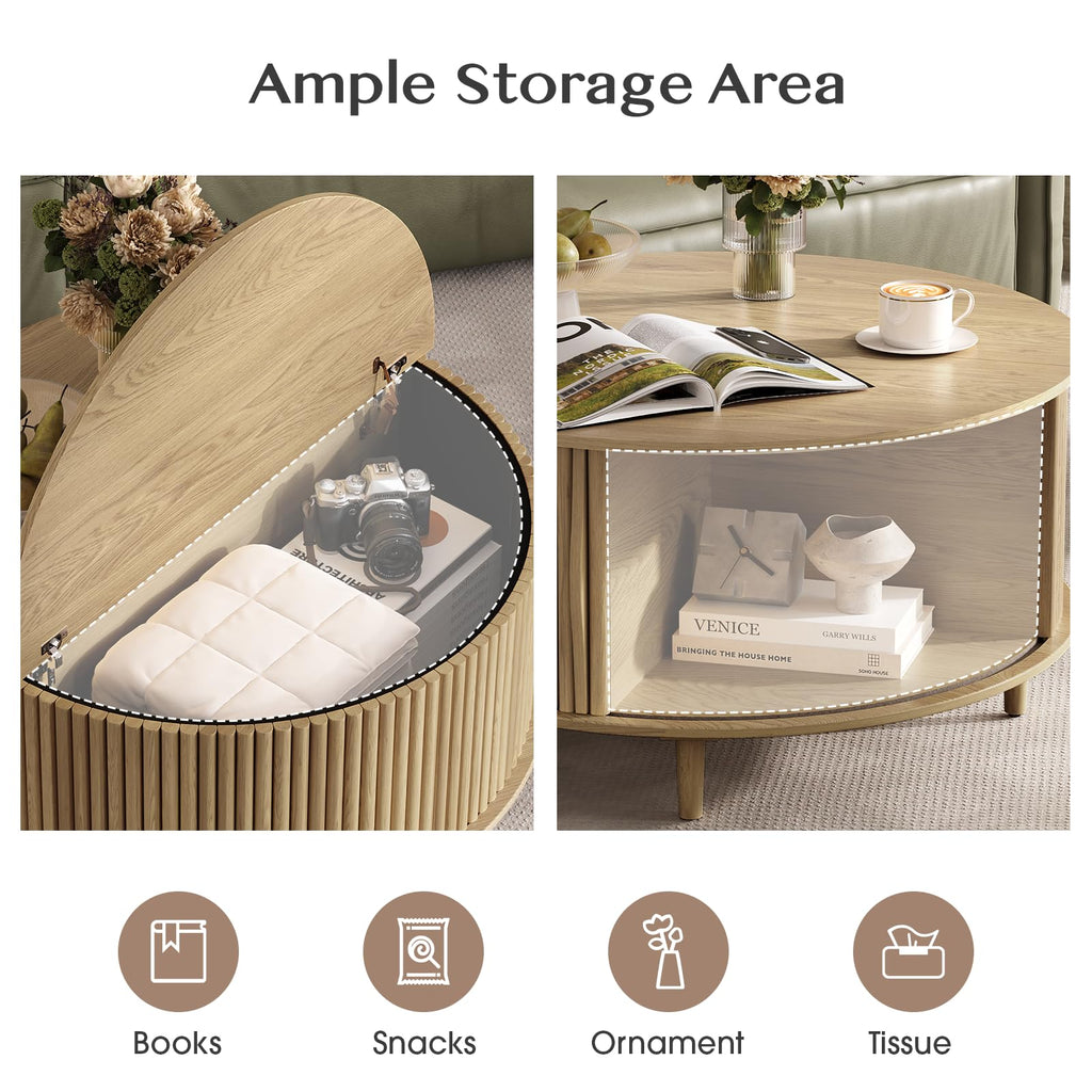 31.5" Round Coffee Table with Storage, Natural Oak