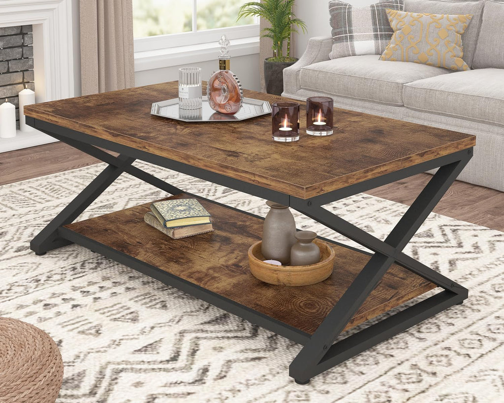 Wood Coffee Table with Storage, Farmhouse Rustic Brown Coffee Table, Modern Minimalist 2 Tier Center Table