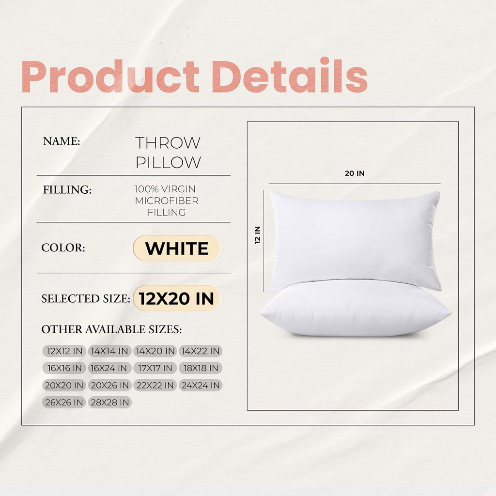 12x20 Pillow Inserts, White Throw Pillows for Couch, 2 Pack - Set of 2