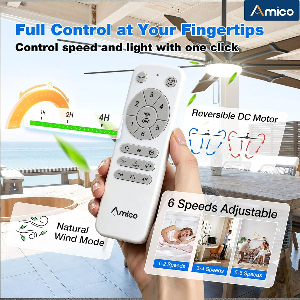 72 Inch Ceiling Fans with Lights and Remote, Indoor Outdoor Ceiling Fan , Quiet 6-Speed Reversible DC Motor