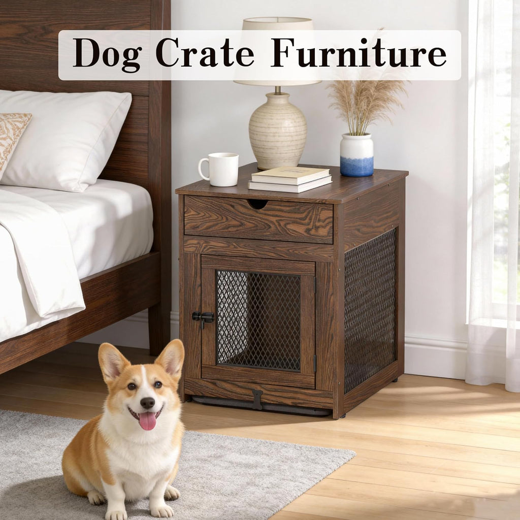 Dog Crate Furniture,Wooden Dog Crate End Table with Storage Drawer&Cushion&Tray