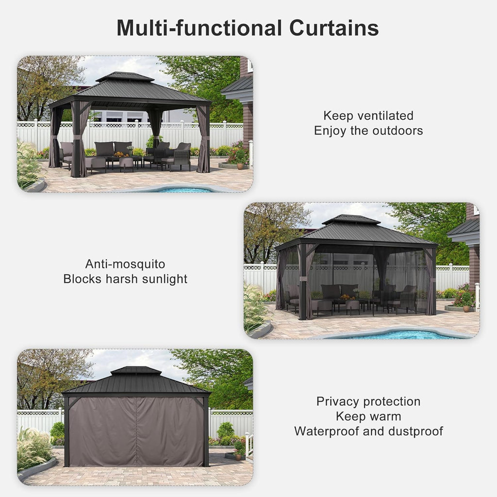 12' X 14' Patio Gazebo with Light Permanent Hardtop Gazebo with Metal Roof for Outdoor Lawn and Garden Grey