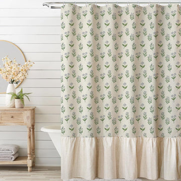 Linen Textured Ruffle Shower Curtain - Vintage Floral Block Print in Beige and Green, Boho Cottagecore Farmhouse