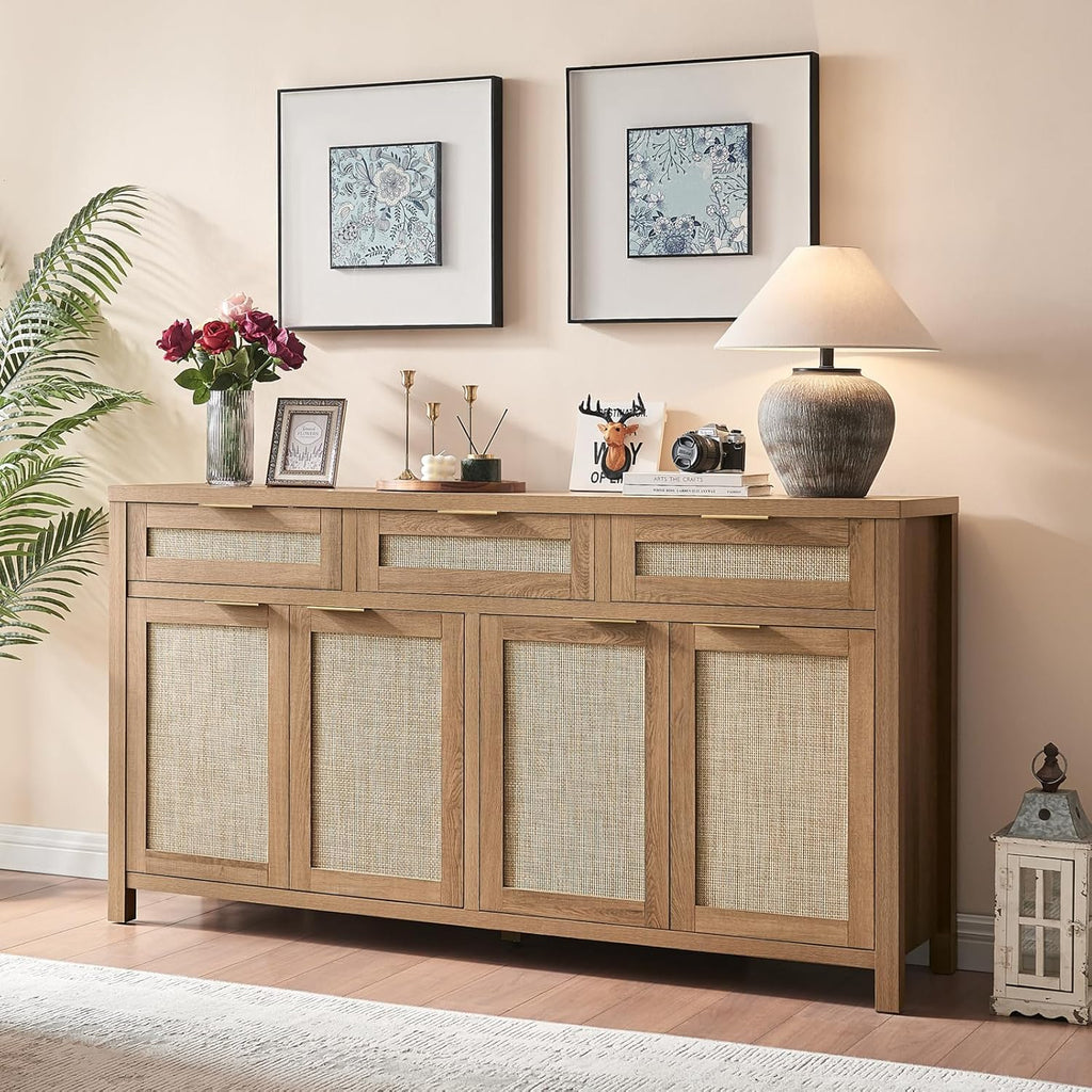 63" Rattan Sideboard Buffet Cabinet, Boho Storage Cabinet with Adjustable Shelves