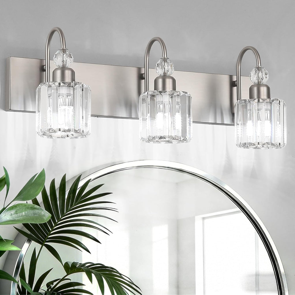 Brushed Nickel Vanity Light Crystal 3-Light Modern Bathroom Light Fixtures