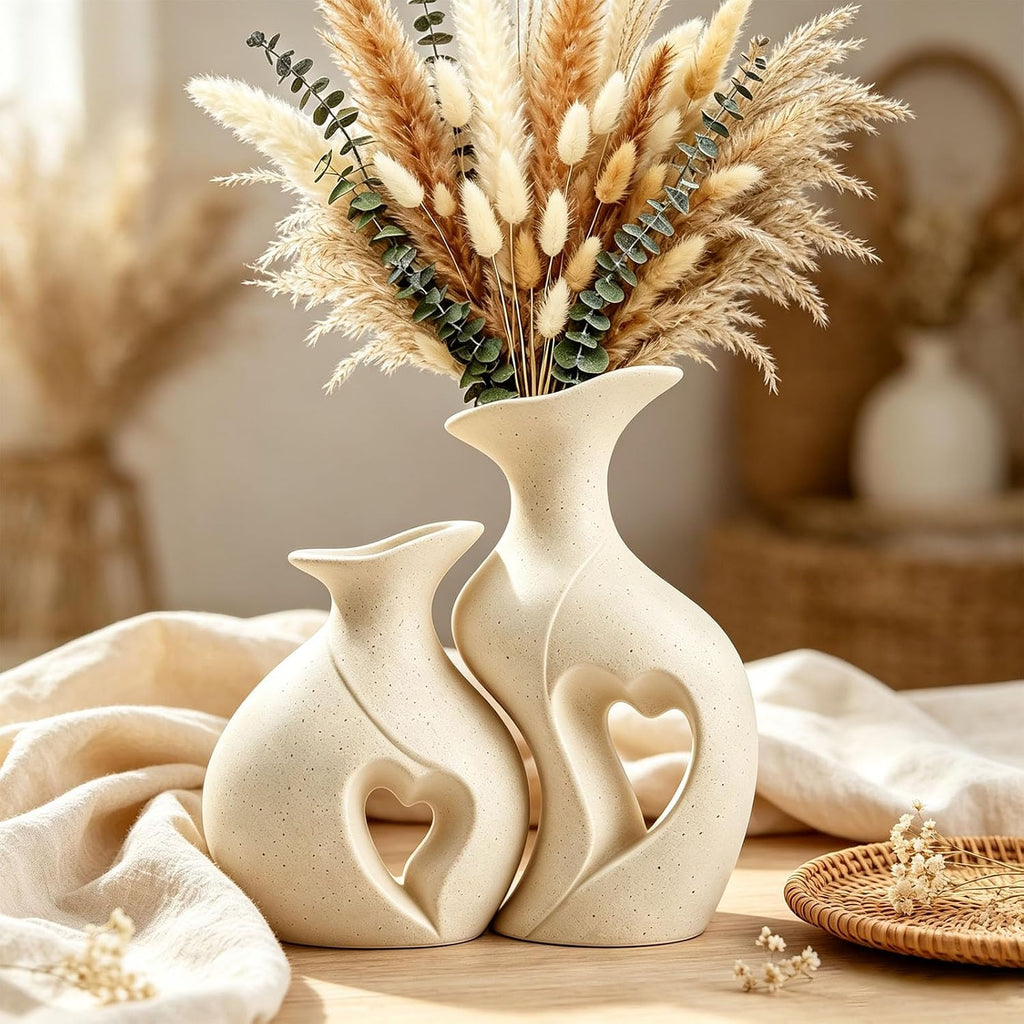 Heart Shaped Flower Vase Set of 2 Boho Modern Ceramic Vase (Cream) | Coffee Table Vase, Couples Wedding Gifts