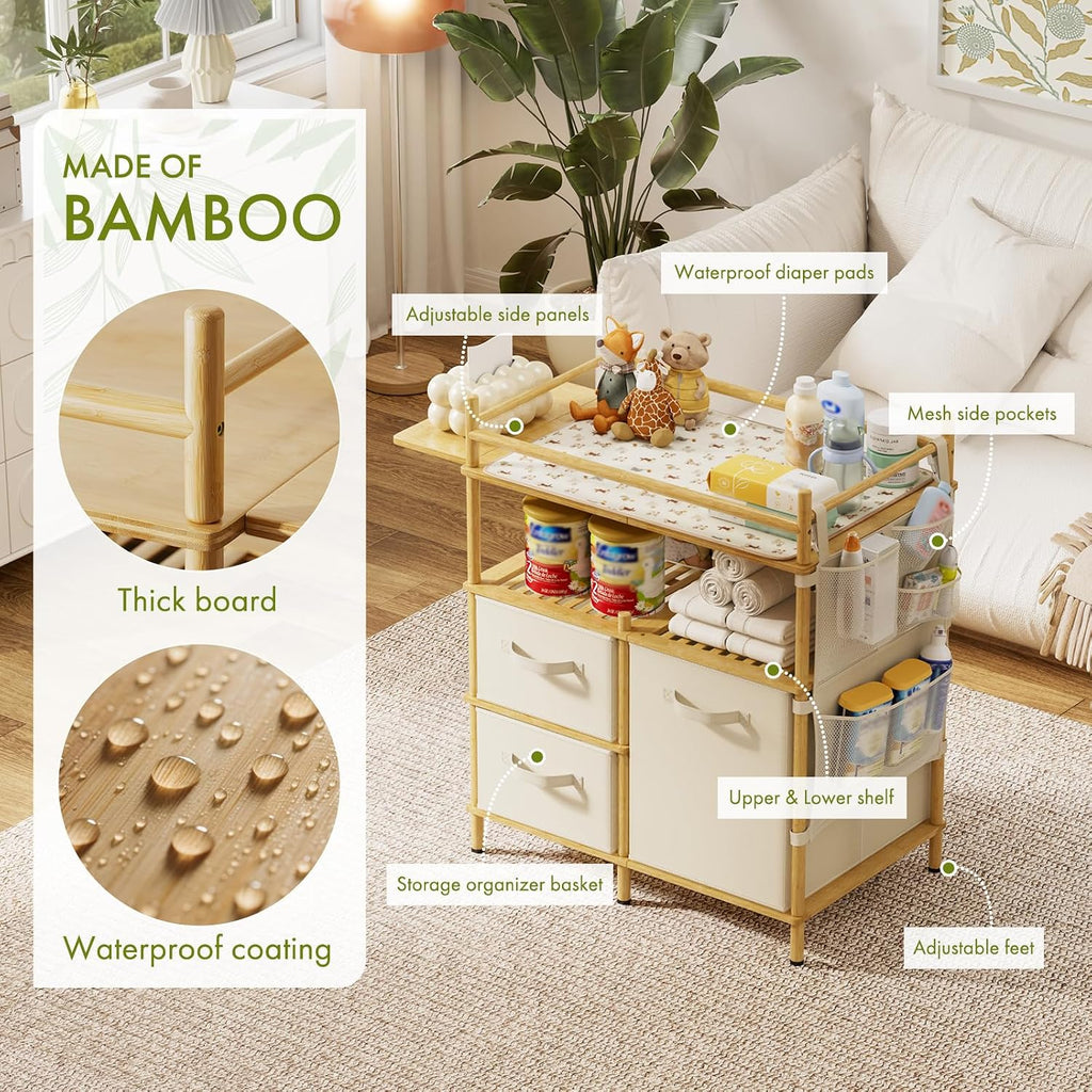 Baby Changing Table, Bamboo Baby Dresser Table with Flat Top, Diaper Changing Station with 3 Removable Storage