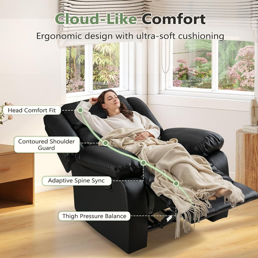 Black Recliner Chair with Overstuffed Arm and Back, Breathable Faux Leather Manual Reclining Chairs, Living Room