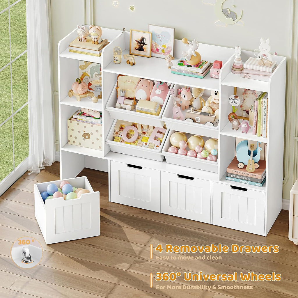 Toy Storage Organizer, Toy Organizer with 4 Movable Drawers and 4 Box Bins, Kids Playroom Storage Organization with