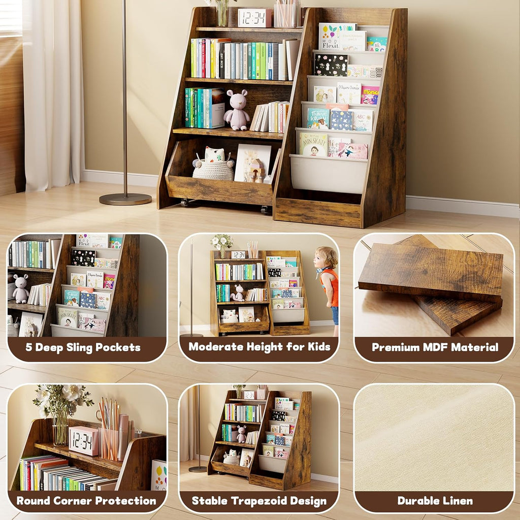 Kids Bookshelf and Toy Storage, 4 Tier Toddler Bookshelf with Movable Drawer (Brown)