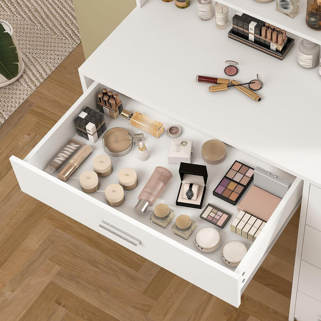 Vanity Desk with Mirror & Lights, Makeup Vanity with 5 Drawers & Storage Shelves, White Vanity Table, 3 Color Modes &