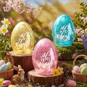 Easter Egg Light Decorations, He is Risen Table Centerpiece Lights with Timer Mercury Glass Egg Lamps, Spring - Set of 3