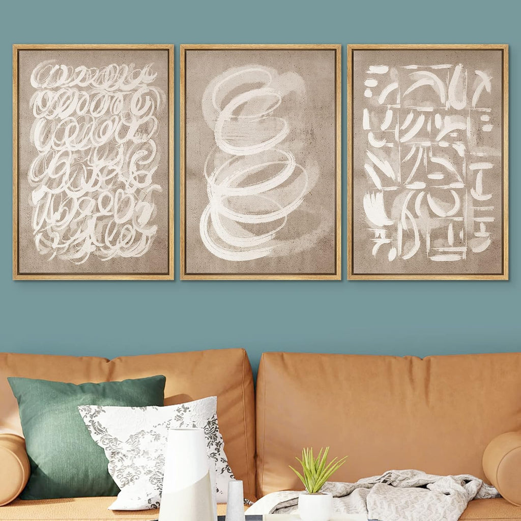 Framed Canvas Print Wall Art Set Brown Pastel Watercolor Paint Strokes Shapes Abstract Illustrations Modern Art - Set of 3