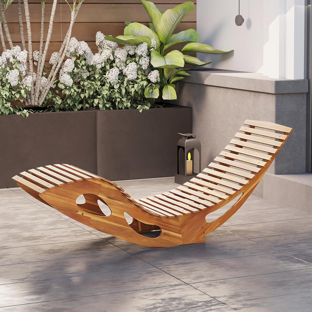 Outdoor Chaise Lounge Chair Set of 2, Acacia Wood Rocking Sun Lounger with Slatted Backrest and Seat, Wooden Rocker