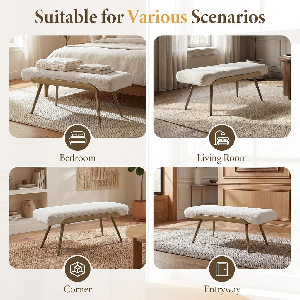 Modern Ottoman Bench, Upholstered Boucle Fabric Entryway Bench with Metal Legs, 35.5" Padded Bench Living Room, Beige
