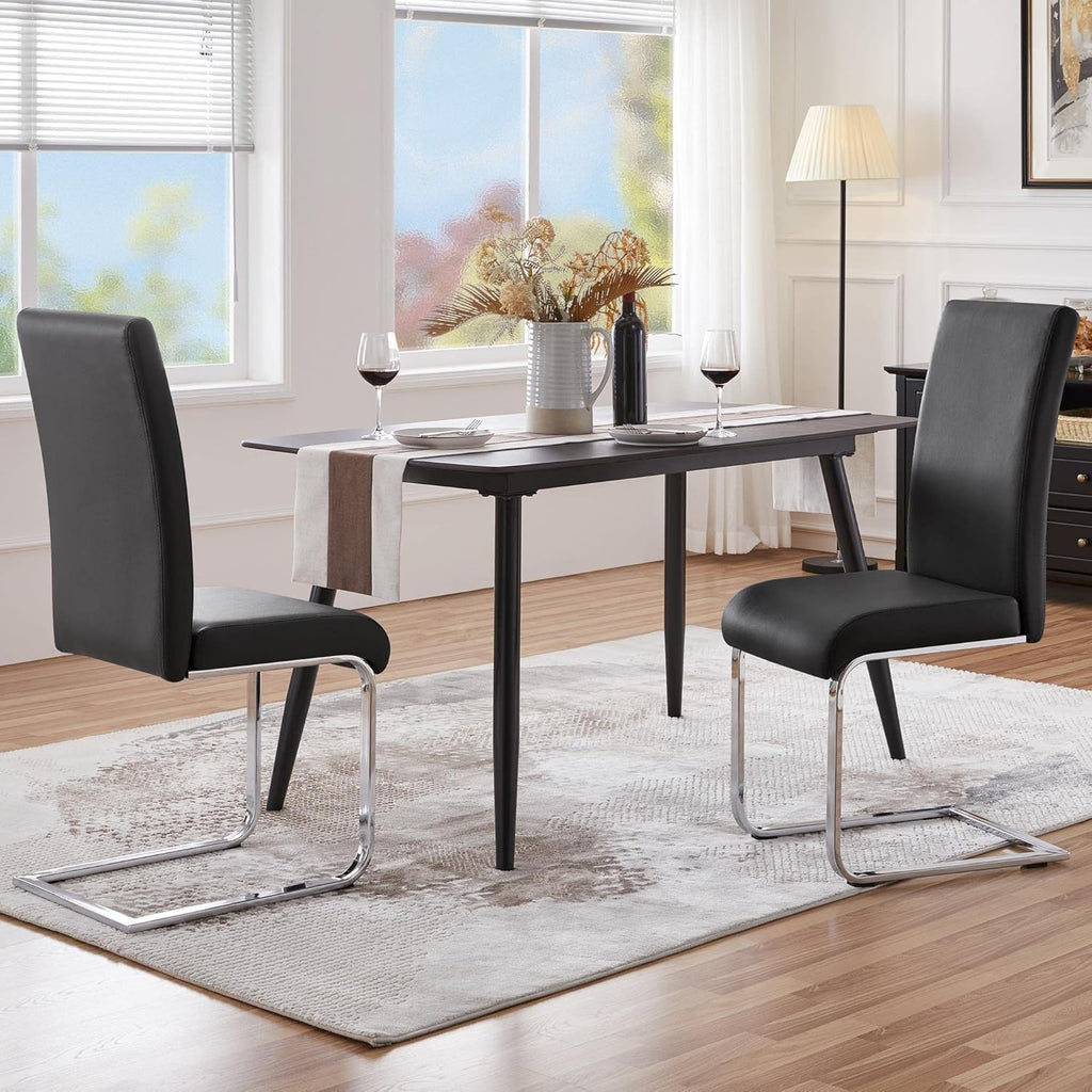Dining Chairs Set of 2 Modern Faux Leather Upholstered Dining Room Chairs with High Back and Metal Chrome Legs for Kitchen/Living Room/Restaurant, Black