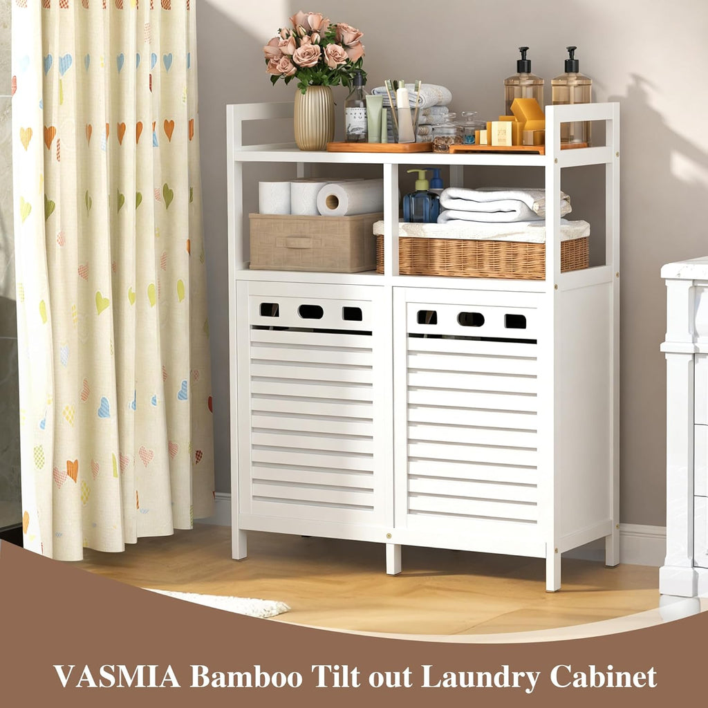 Tilt Out Laundry Hamper Cabinet, Bamboo Double Laundry Hamper with 2 Removable Laundry Baskets, 20 Gal Laundry Sorter