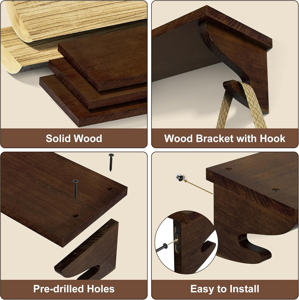 17-Inch Wood Floating Shelves for Wall 3-Pack, Light Walnut | Built-in hook brackets, pre-drilled easy assembly, 54