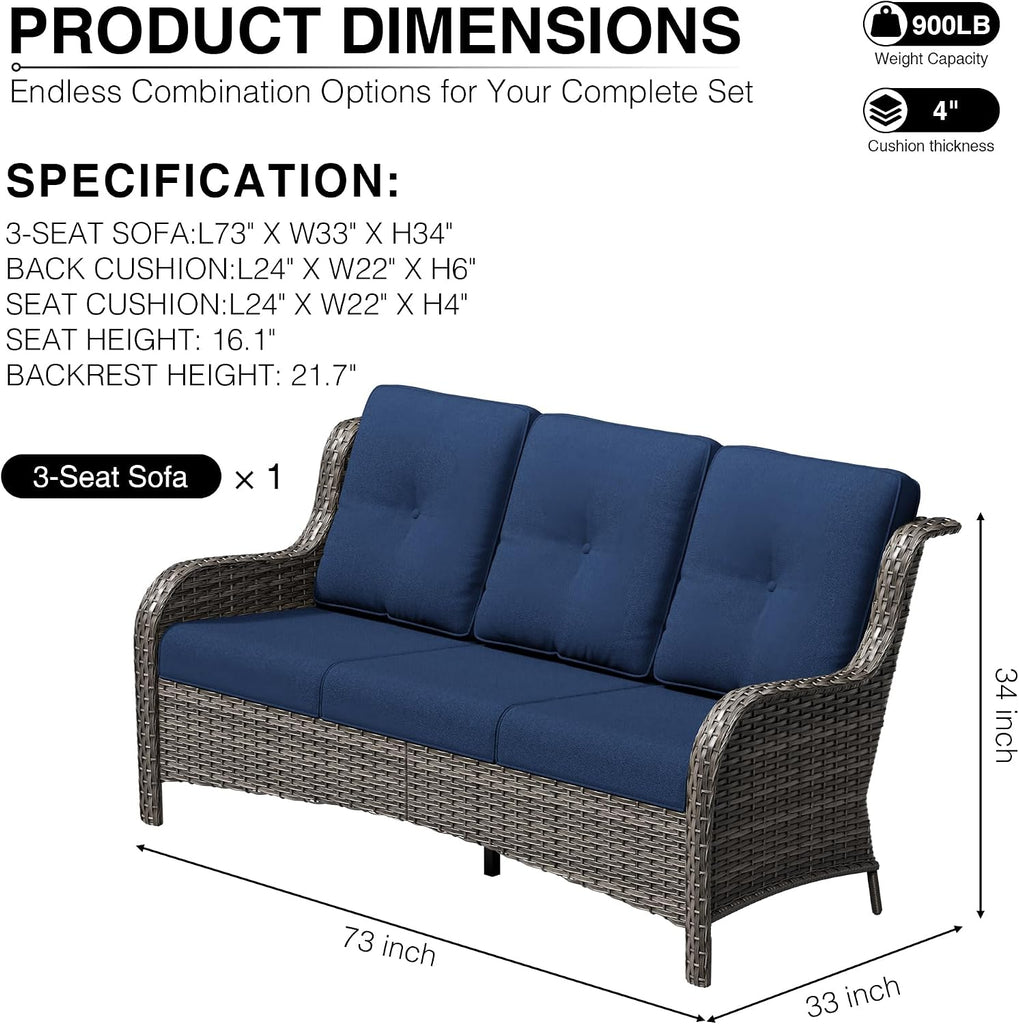 Outdoor Patio Couch, 3 Seater Outdoor Wicker Sofa with High Back, Deep Seating, Wide Armrest, Thickened Cushions