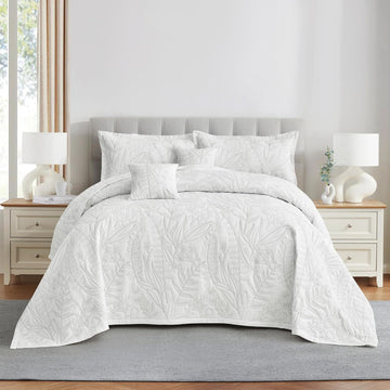 Botanical Oversized King Bedspread, Stitched Leaf Quilt Set King/Cal King, Lightweight Reversible Coverlet, Tailored