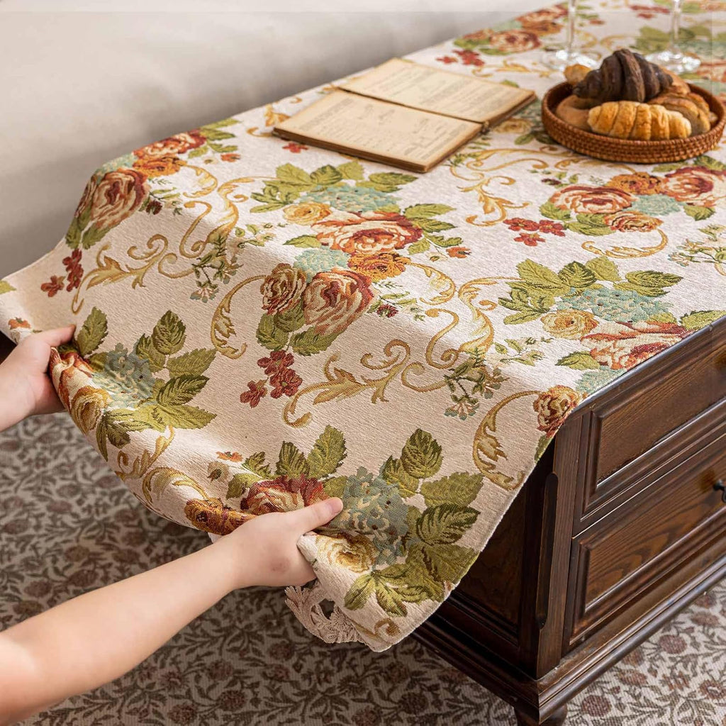 Luxury Chenille Coffee Table Cloth Non-Slip Silicone Backing Heavyweight French Damask Jacquard with