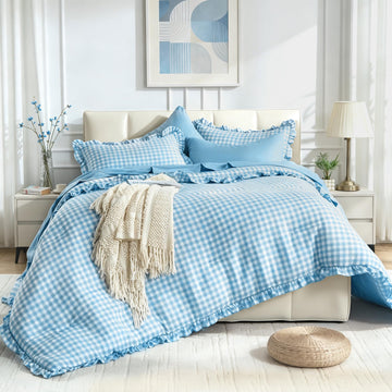 7 Pieces Gingham Ruffle Comforter Set, Blue Grid Tartan Bedding Set, Soft Breathable Fabric Comforter