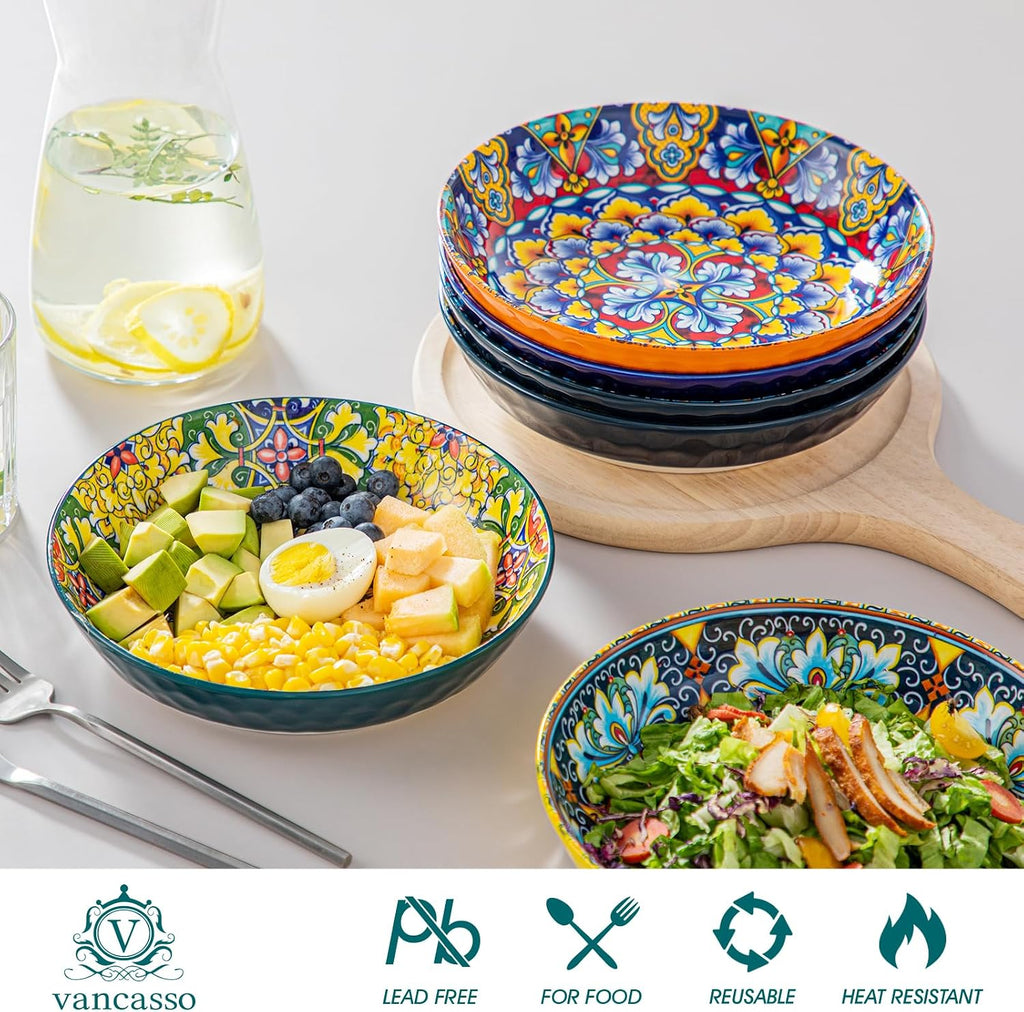 32 Oz Pasta Bowls Set of 6, Ceramic Bohemian Soup Salad Bowls | Dishwasher and Microwave Safe Ceramic, Large 11.5
