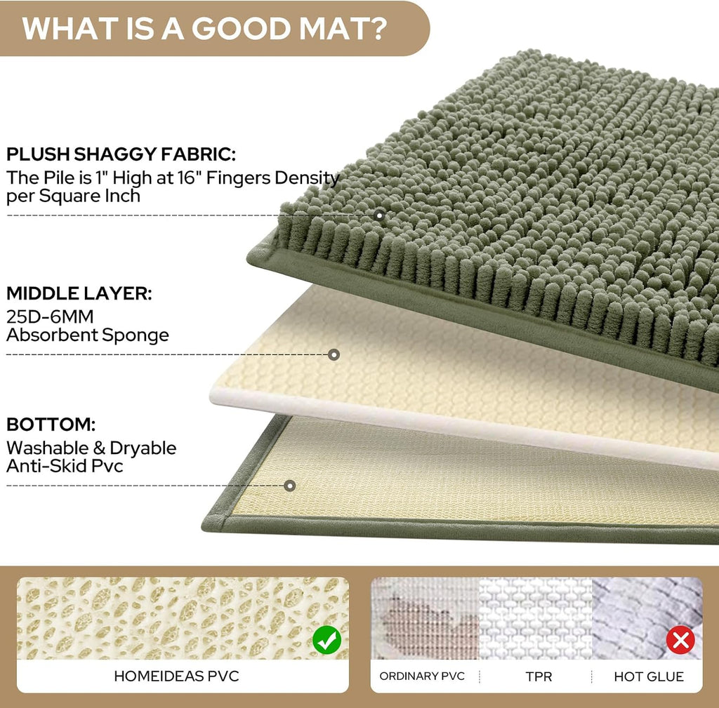 3 Pieces Bathroom Rugs, Ultra Soft Non Slip Absorbent Chenille Toilet Bath Mat Set (Sage Green)