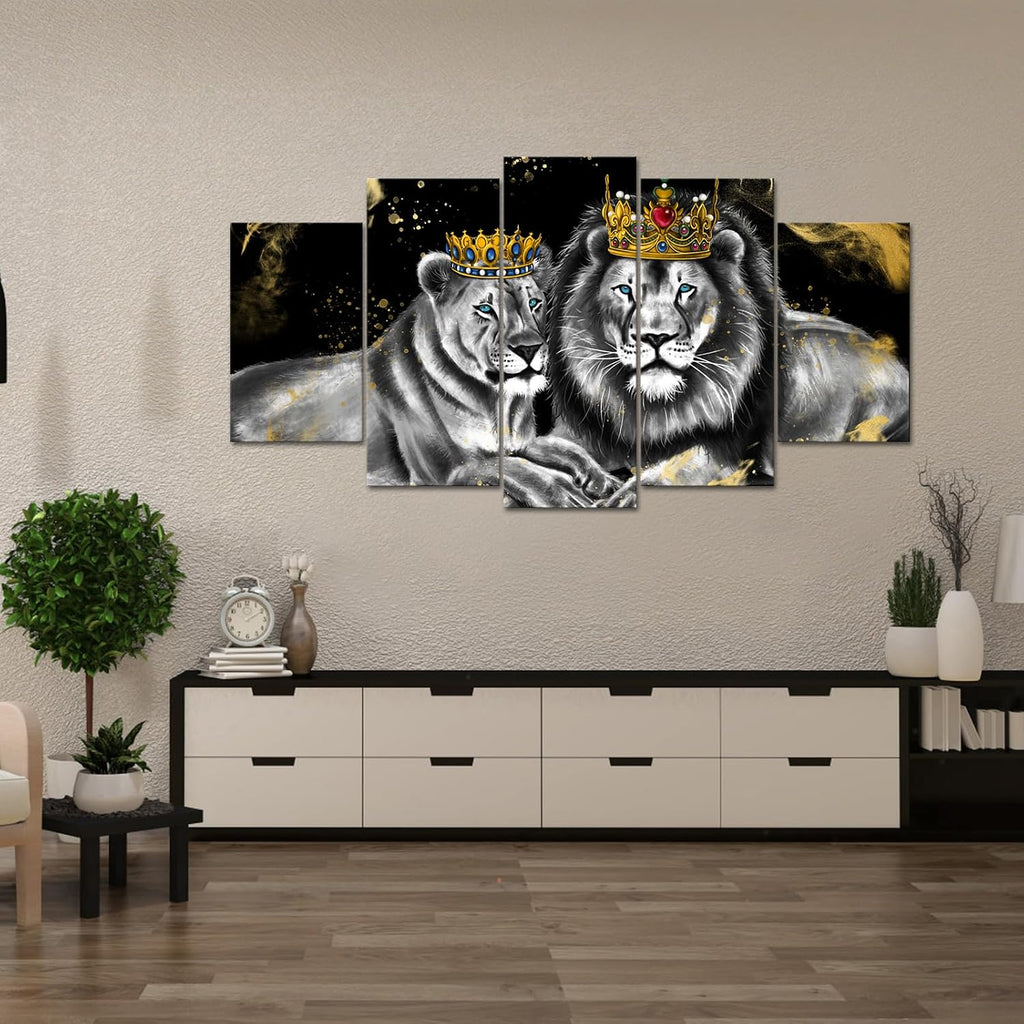 5 Piece Lion and Lioness Canvas Wall Art King and Queen with Golden Crown African Animal Painting Artwork Bedroom