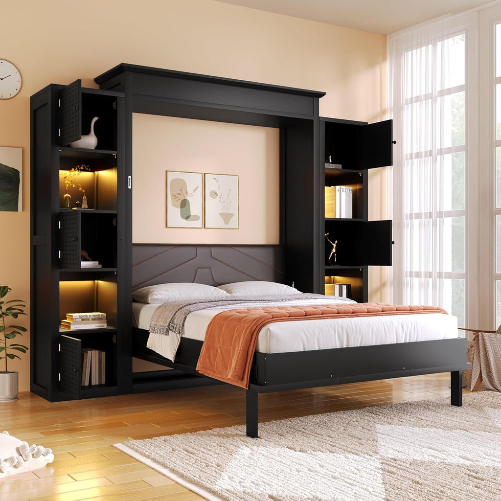 Queen Murphy Bed with Storage Shelf, Space Saving Hidden Wall Bed Cabinet with LED Lights, Foldable Murphy Beds with