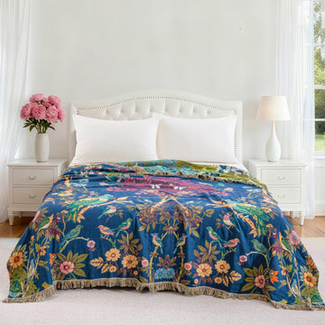 90"x98" Bohemian Floral Muslin Blanket Throw Blue Birds Gauze Quilt Bedspread Farmhouse Rustic Vintage Cottage Woven