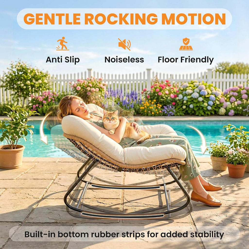 Papasan Rocking Chair Oversized Indoor Outdoor Cushion Beige | Wicker, PE Rattan, Outdoor Rocker Egg Chairs, Living
