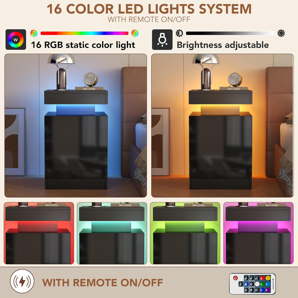 Nightstands Set 2, 15 Inches LED Night Stand Set of 2, Modern Bedside Table with LED Lights, High Gloss Surface, End